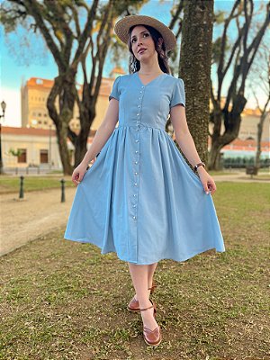 Vestido de Linho Anos Dourados (Azul Sereno)