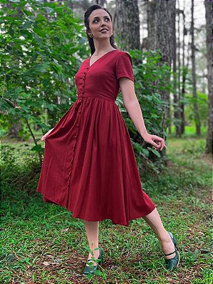 Vestido de Linho Anos Dourados (Merlot) PRONTA ENTREGA