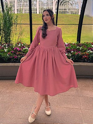 Vestido de Linho Bosque de Outono (Rosa Antigo) PRONTA ENTREGA