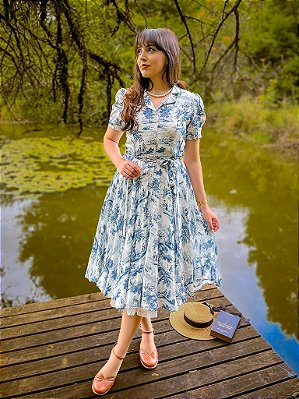 Vestido de Viscose Summer Finn (Toile de Jouy) PRONTA ENTREGA
