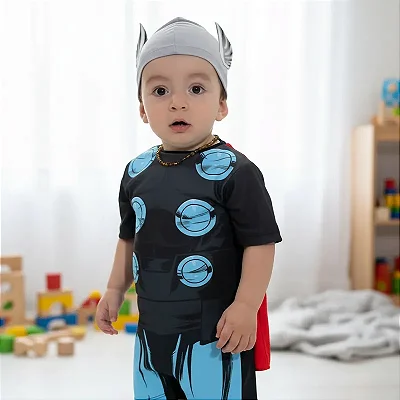 Fantasia Thor Bebê Macacão Curto com Capa + Touca Super Herói
