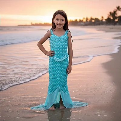 Fantasia Sereia Infantil Feminina Com Cauda Verde Agua
