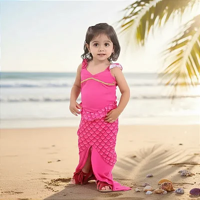 Fantasia Sereia Bebê Infantil com Saia Cauda Serei Rosa