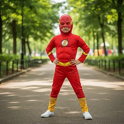 Fantasia Flash Luxo Infantil Longa Com Máscara Capuz Cinto