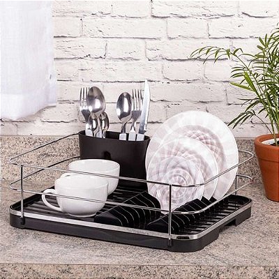 Escorredor Louças Com Porta Talheres Pratos Preto E Cromado
