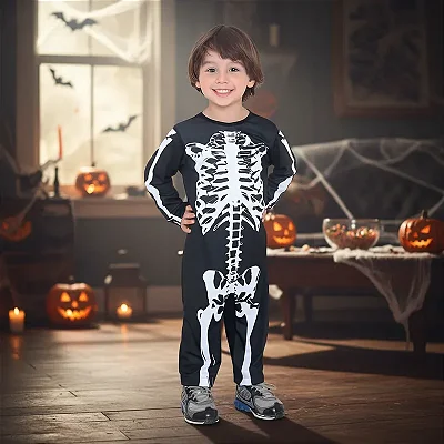 Fantasia Esqueleto Bebê Infantil Caveira Osso Longa Halloween
