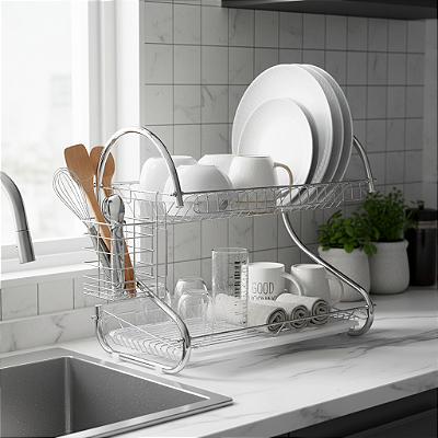 Escorredor 2 Andares Louças Cromado C/ Porta Copo E Talheres