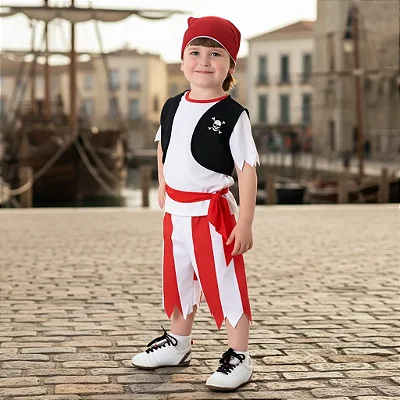 Fantasia De Pirata Bebê Com Bandana Colete Bermuda Infantil
