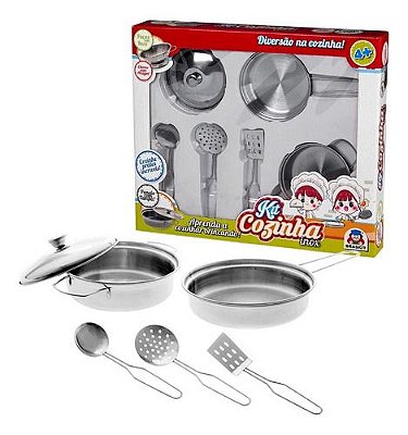 Jogo De Cozinha Infantil Panelas Espátulas Inox Brinquedo