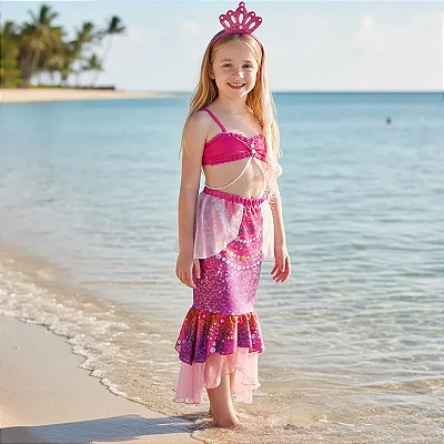 Fantasia De Sereia Pérolas Infantil Vestido Com Tiara Festa