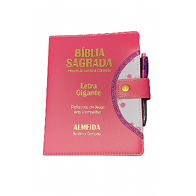 Bíblia Sagrada Letra Gigante Harpa Porta Caneta Pink 14x22