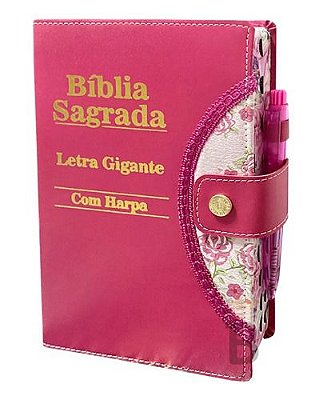 Bíblia Sagrada Letra Gigante Harpa Porta Caneta Pink 14x22