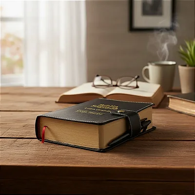 Bíblia Letra Grande Sagrada Com Caneta Tecido Harpa Preta