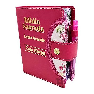 Bíblia Letra Grande Sagrada Com Caneta Tecido Harpa Pink