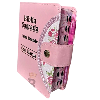 Bíblia Letra Grande Sagrada Com Caneta Tecido Harpa Floral