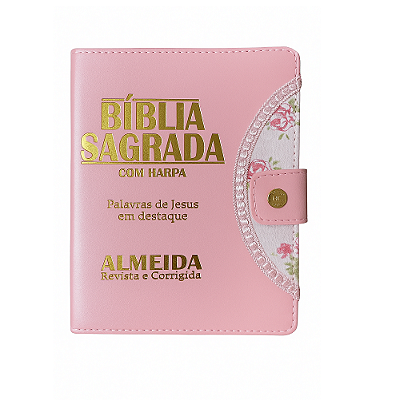 Bíblia Letra Grande Sagrada Com Caneta Tecido Harpa Floral