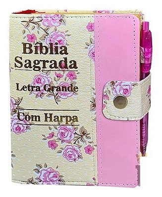 Bíblia Letra Grande Sagrada Com Caneta Tecido Harpa Floral