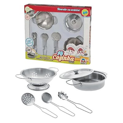 Jogo De Cozinha Infantil Panelas Escorredor Inox Brinquedo