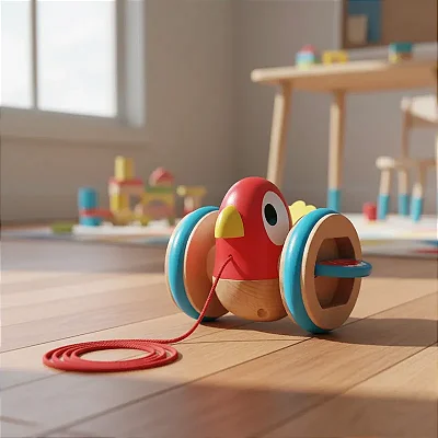 Passaro Bebe Baby Com Rodas De Madeira Corda De Puxar