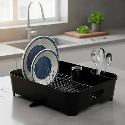 Escorredor De Louças Com Porta Talheres Pratos Preto Black