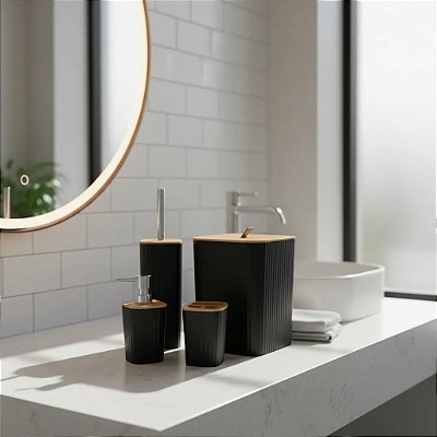 Kit Banheiro Lixeira Luxo 4 Peças Bambu Quadrado