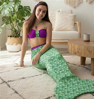 Cauda de Sereia Completa para Nadar + Nadadeira Concha Verde