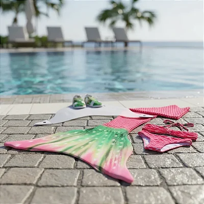 Cauda de Sereia Completa Top Faixa + Nadadeira Melancia