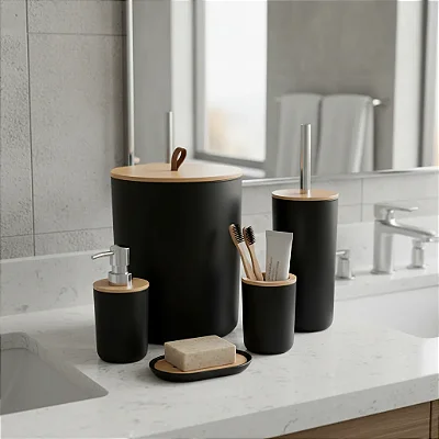 Kit Banheiro Com Tampa De Bambu Com 6 Peças Lixeira Fechada