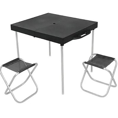 Mesa Portátil Dobrável Para Camping Com 2 Banquetas Preta Cor Preto<BR>