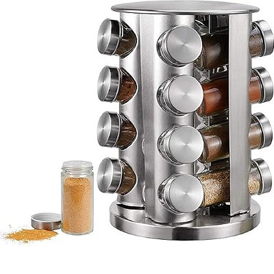 Porta Tempero Inox 16 Potes Vidro + Base Giratória 360°
