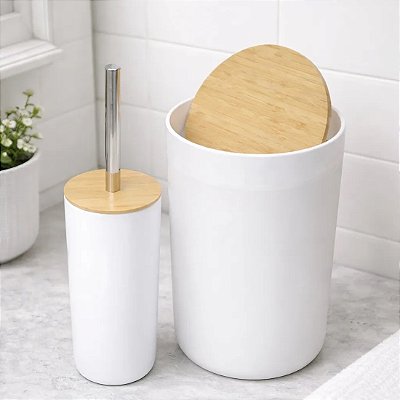 Kit Banheiro 2pçs Lixeira C/ Tampa Bambu E Escova Sanitária