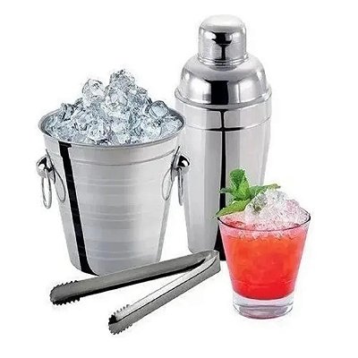 Kit Bar Inox 3 Peças Coqueteleira, Balde De Gelo E Pegador