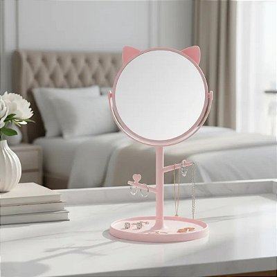 Espelho De Mesa Redondo Gatinho Com Suporte De Joias