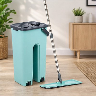 Mop Flat Com Balde E Rodo Esfregão Limpador Multiuso