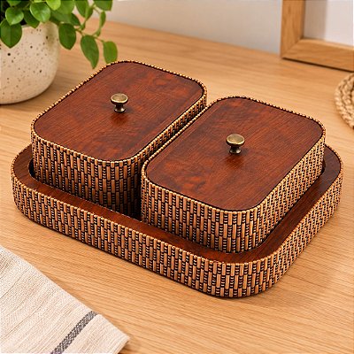 Kit Bandeja Com 2 Caixas Decorativas Detalhe Palha E Mdf