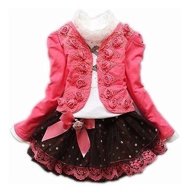 Conjunto Infantil Casaco, Blusinha Manga Longa E Saia Menina