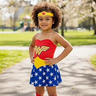 Fantasia Bebe Mulher Maravilha Vestido Body Bota Cinto Faixa