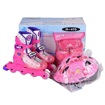 Patins Micro Future Infantil Ajustável Kit Combo / LED - Rosa Plum / 21 ao 32