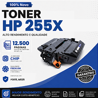 Toner compatível com HP CE255X 255 P3015N P3015D P3015DN P3015X M525F 12,5k