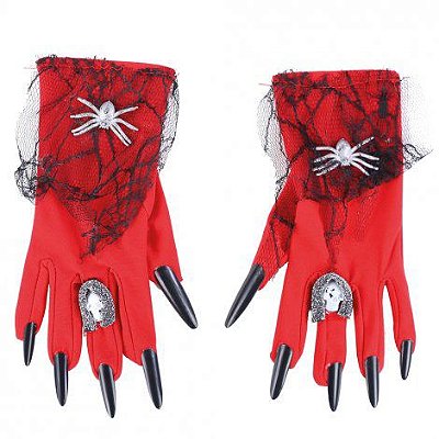 Fantasia Luva com Unhas Postiças Vermelhas - Dia das Bruxas