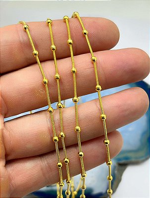 Corrente Rabo De Rato 1.2Mm Com Bolinha Banho Ouro 18K - Camada 2 Milésimos Com Verniz - 1 Metro