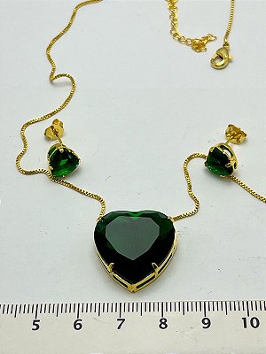 Conjunto Colar Coracao e Brinco 8mm Pingente Coracao Cristal 20Mm * Banho Ouro * com Veneziana - Cor Verde Escuro