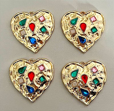 Pingente Coracao Com Aplique - 01 Unid - Banho 02 Milesimos De Ouro 18K