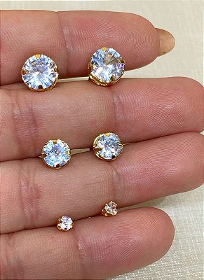 Trio Brinco Zircônia Cristal Redondo - P M G - 4Mm 6Mm E 8Mm - Banho Ouro 2 Milésimos Com Verniz Protetivo - 3 Pares