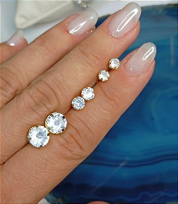 Trio Brinco Zircônia Cristal Redondo - P M G - 4Mm 6Mm E 8Mm - Banho Ouro 2 Milésimos Com Verniz Protetivo - 3 Pares