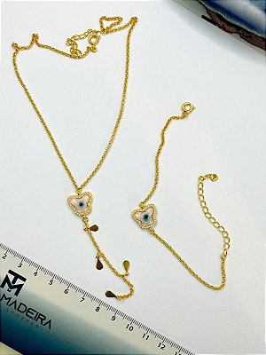 Conjunto Borboleta Olho Grego Rosa  - Banho De 02 Milesimos De Ouro 18K - 01 Unid