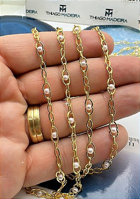 Corrente Com Perola - O Metro - Banho 02  Milésimos De Ouro 18K