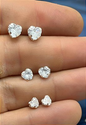 Trio Brinco Coração Zircônia Cristal Banho Prata 50 Milésimos  Semijoia - 3 Pares
