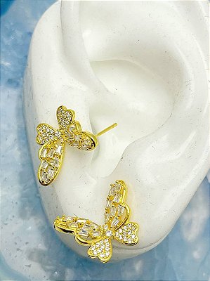 Brinco Borboleta Zirconia Cristal - Banho Ouro Camada 2 Milésimos Com Verniz - 1 Par