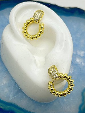 Brinco Gota Cravejado Zirconia Com Argola  Banho Ouro 2 Milésimos Com Verniz - 1 Par